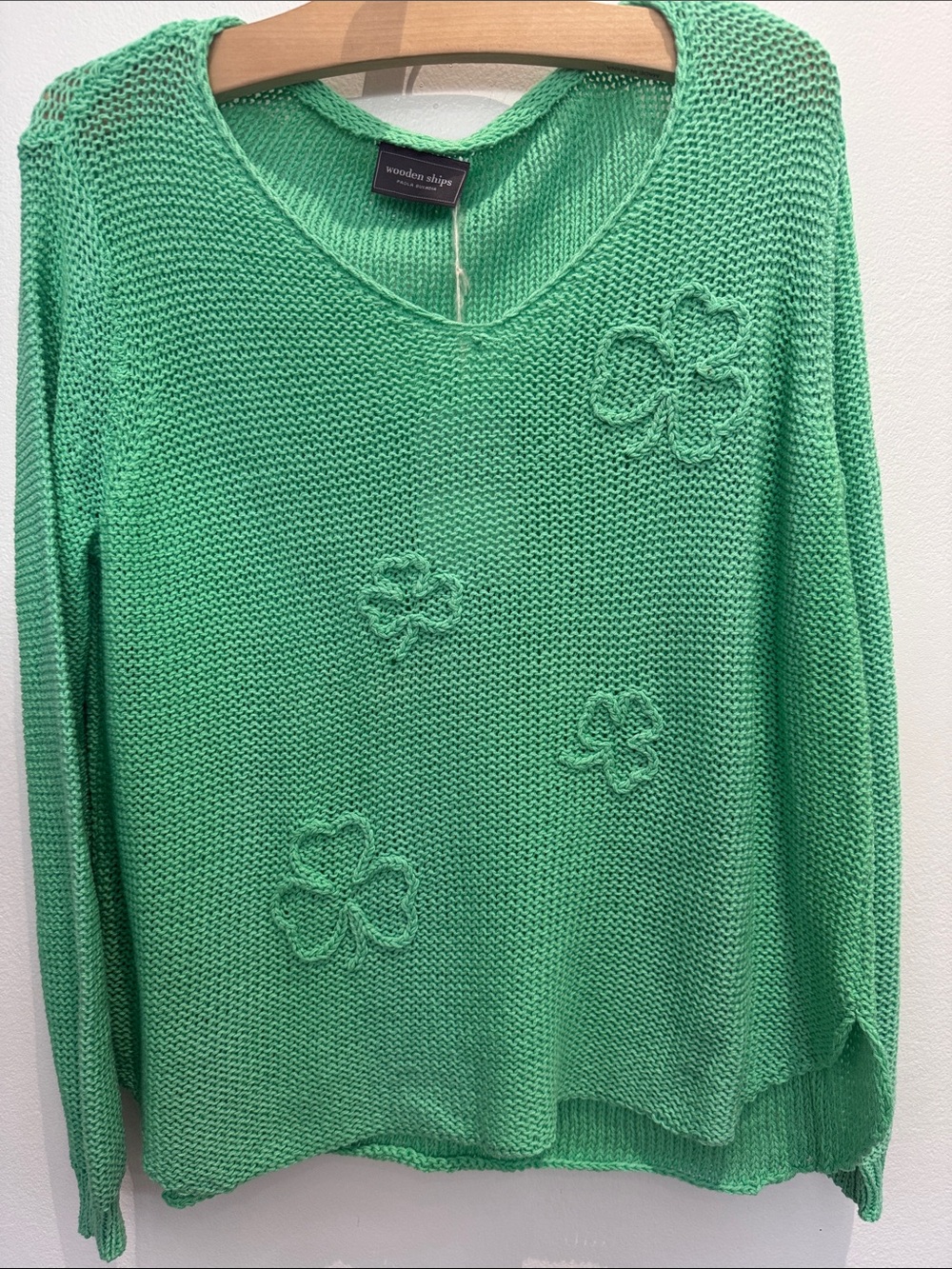 Wooden Ships Mint Green V-Neck Clover Knit Sweater